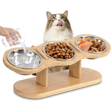 Raised Cat Bowl Feeder with Wood Stand & 3 Stainless Steel Bowls