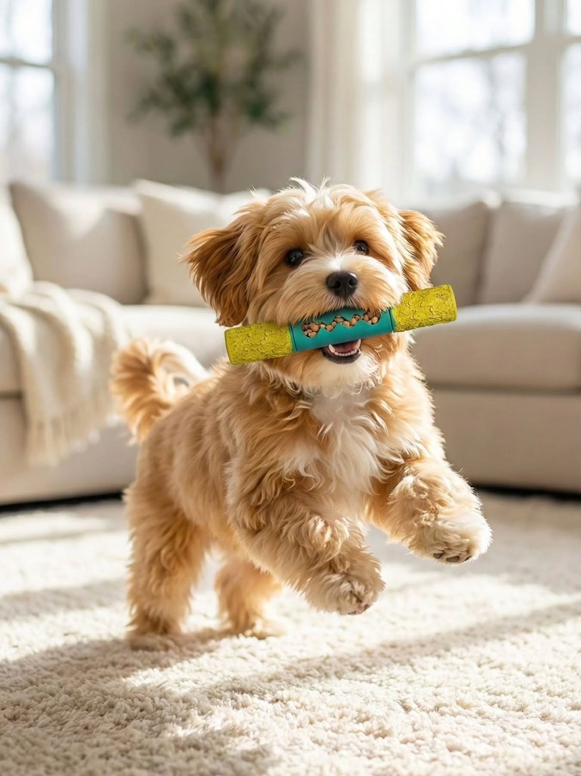 Dog running with a chew toy in a living room