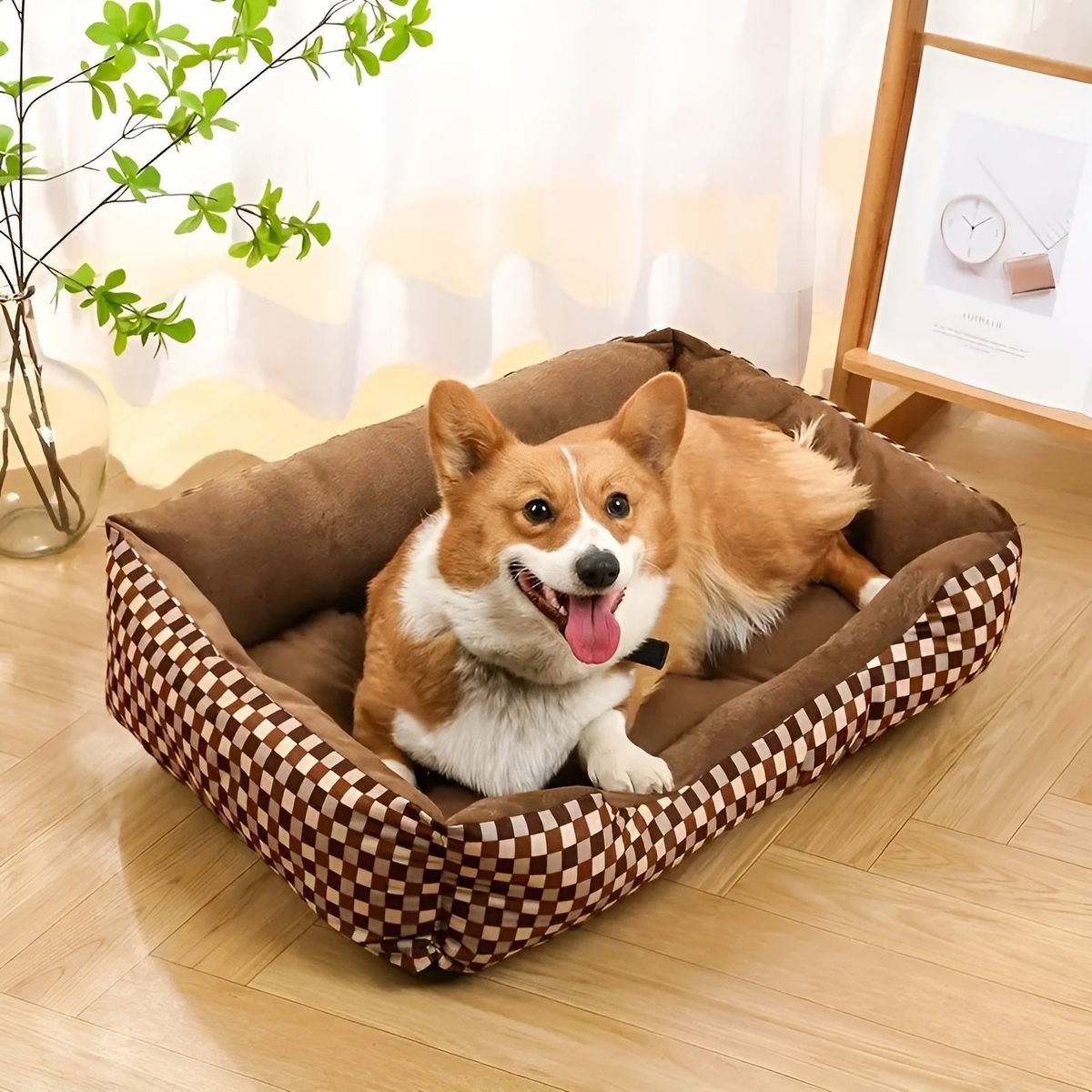 Dog lying on a brown checkered pet bed indoors