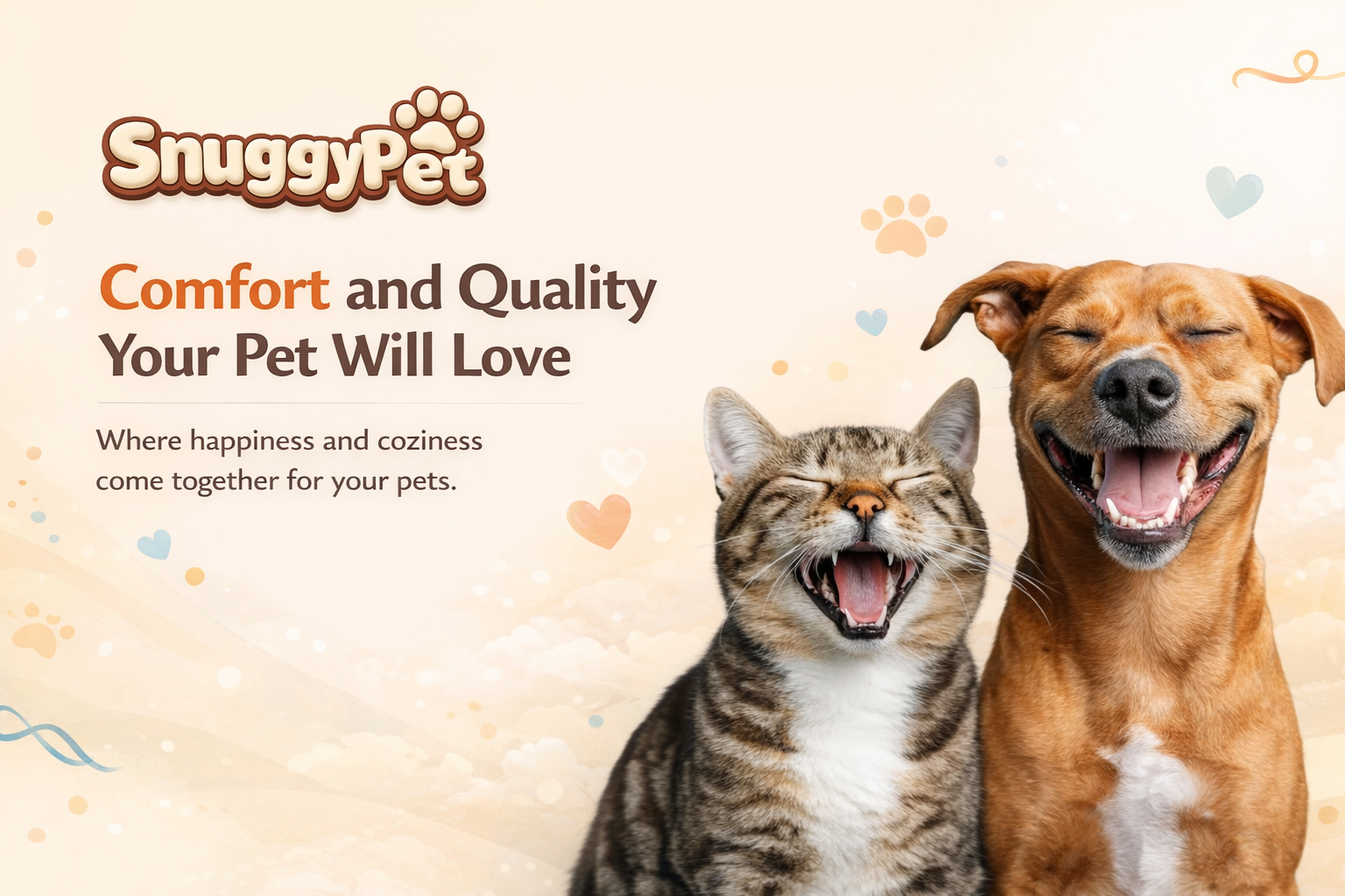 SnuggyPet advertisement with a cat and dog smiling on a beige background.