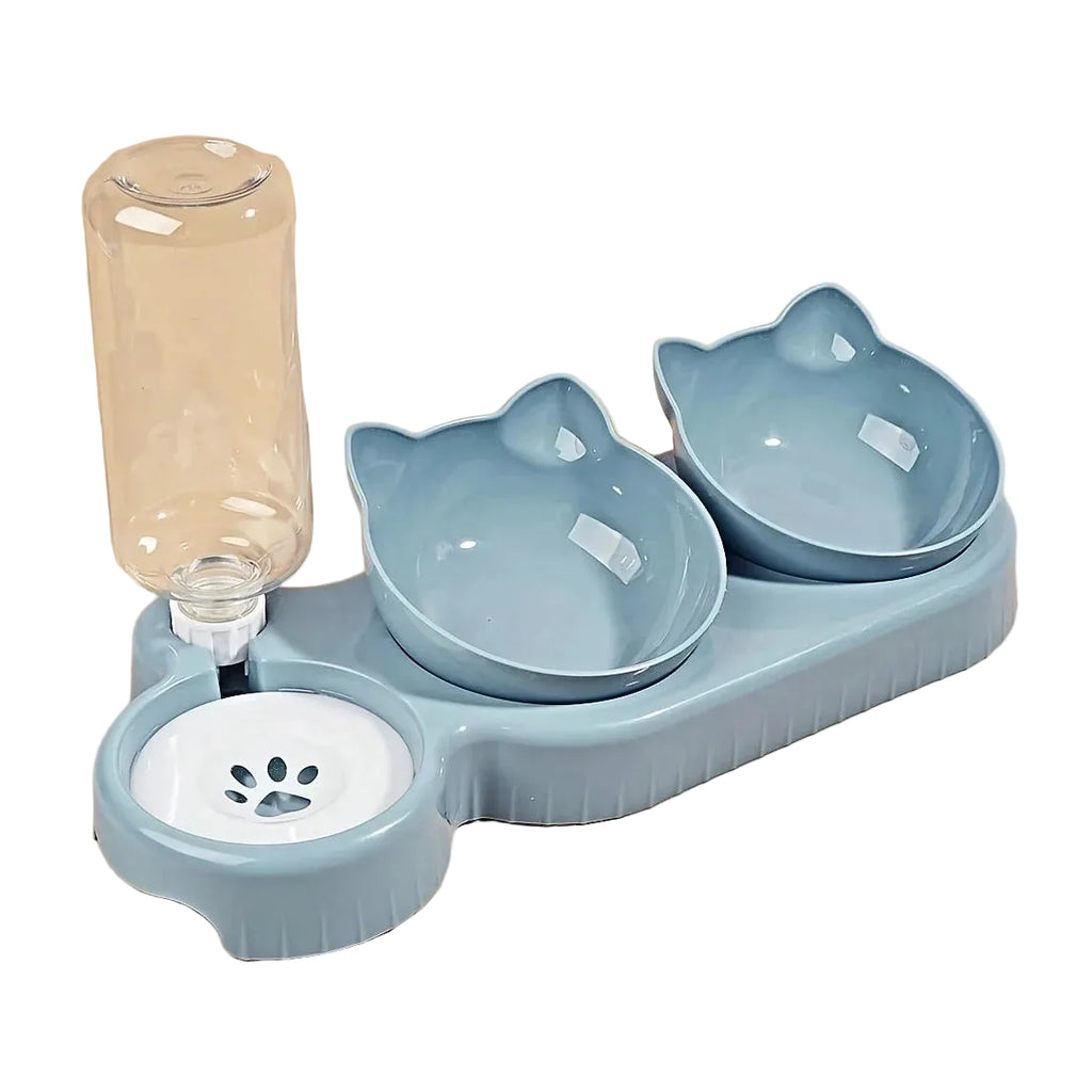 Pet feeding station with two bowls and a water bottle on a beige background