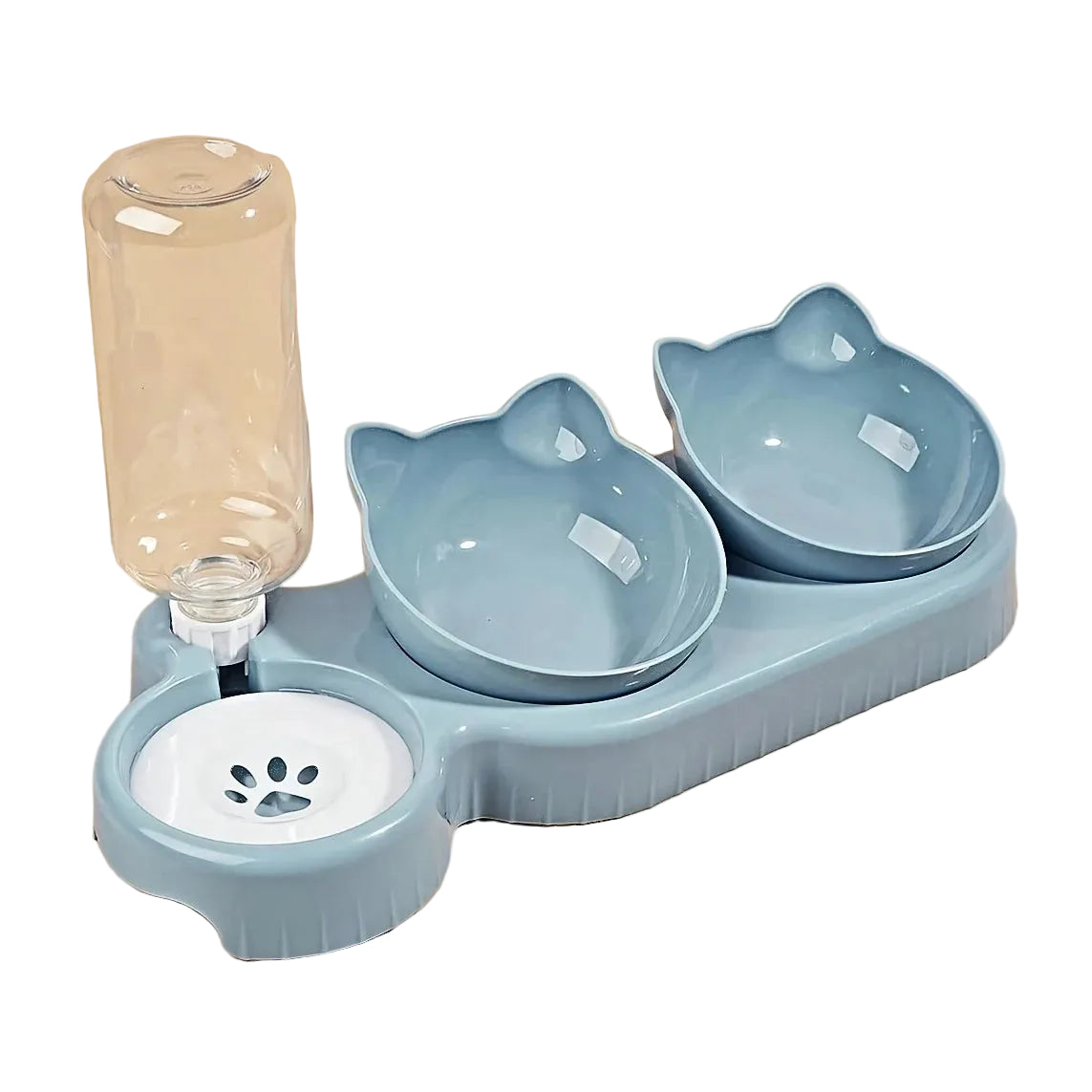 Pet feeding station with two bowls and a water bottle on a beige background