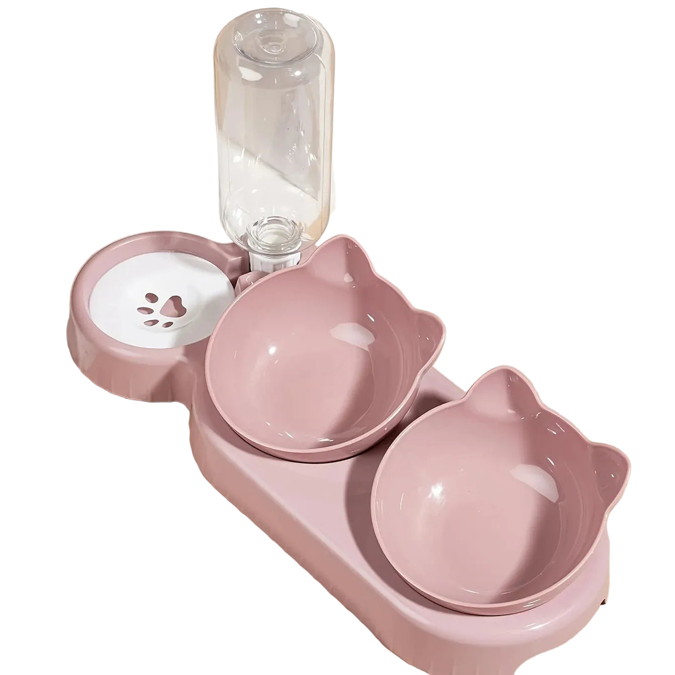 Pink pet bowl set with a water bottle on a beige background