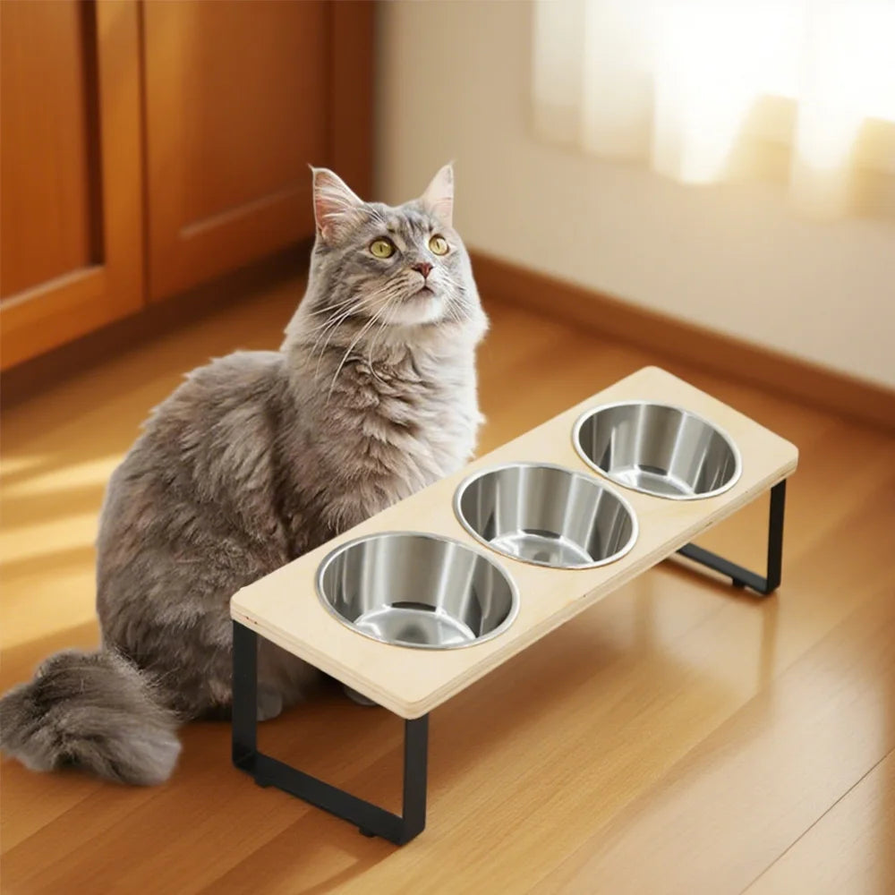 Cat sitting next to a raised pet feeder with three bowls on a wooden floor.