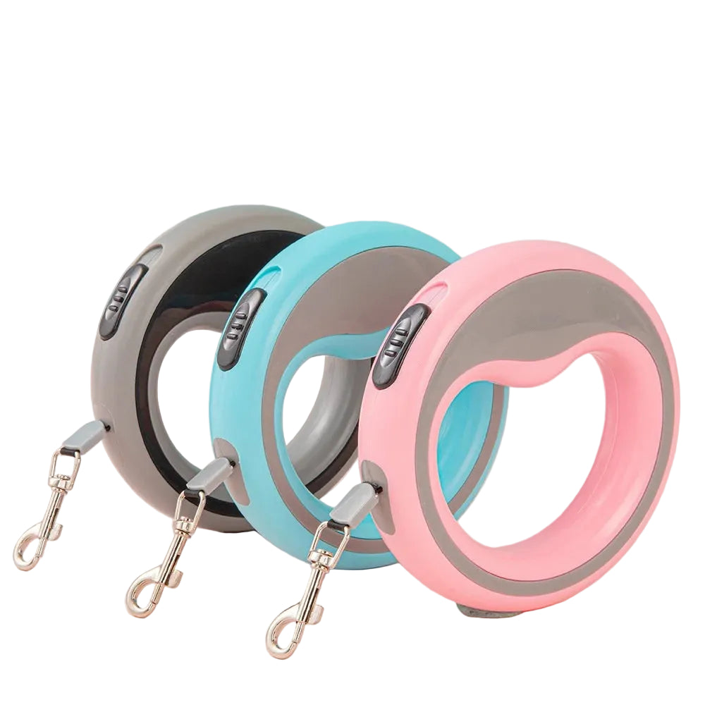 Three retractable dog leashes in gray, blue, and pink on a white background