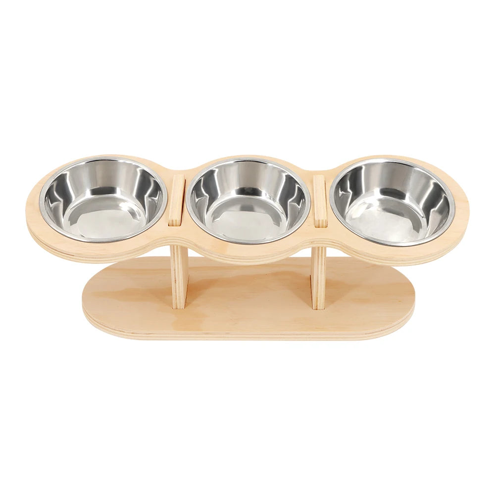 Raised Cat Bowl Feeder with Wood Stand & 3 Stainless Steel Bowls