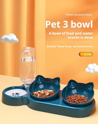 3-in-1 Tilted Cat Bowl Set with Gravity Water Feeder