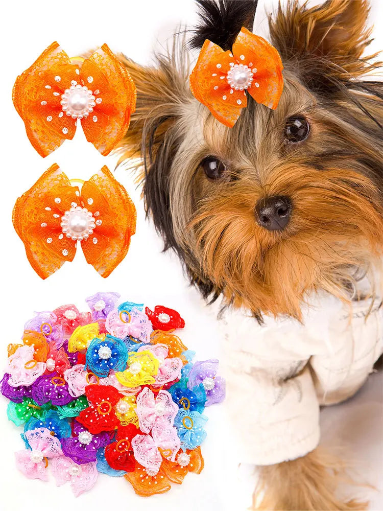 Lace & Pearl Pet Hair Bow Set (10pcs)