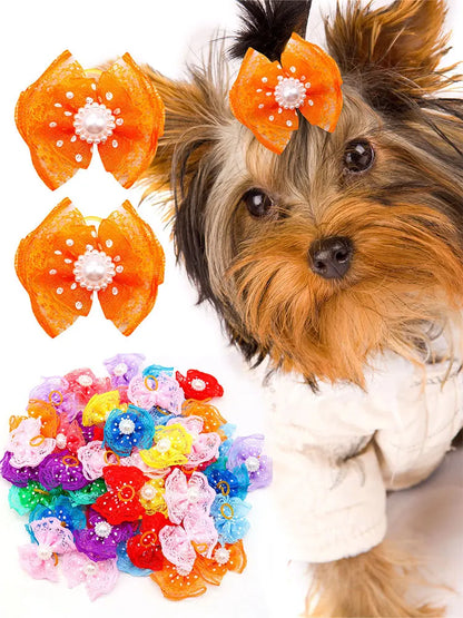 Lace & Pearl Pet Hair Bow Set (10pcs)