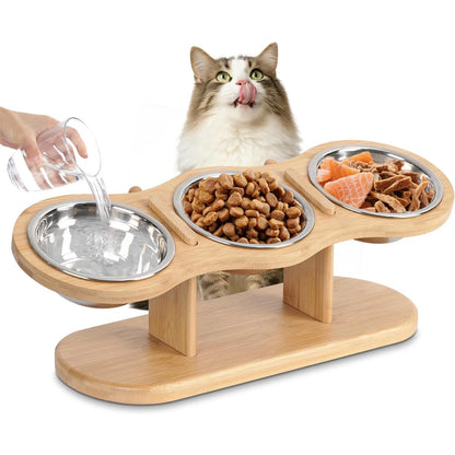 Raised Cat Bowl Feeder with Wood Stand & 3 Stainless Steel Bowls