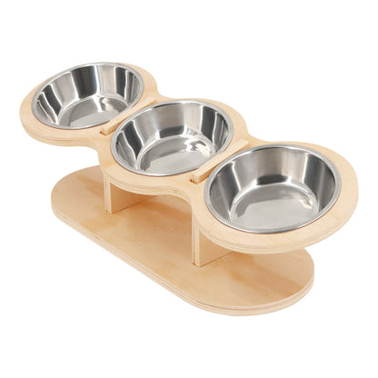 Raised Cat Bowl Feeder with Wood Stand & 3 Stainless Steel Bowls
