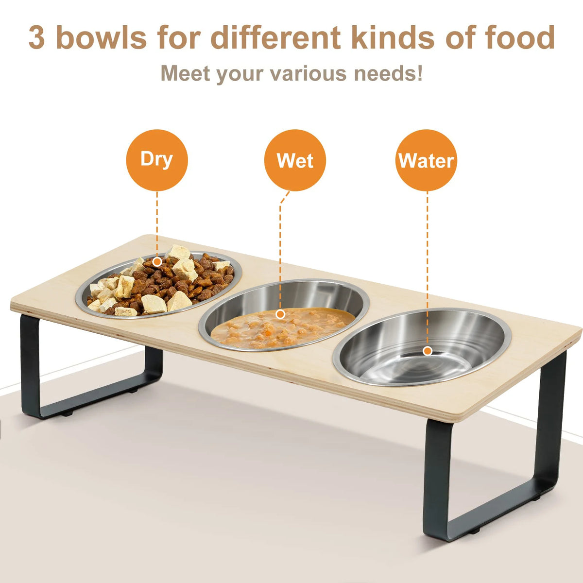Pet feeding station with three bowls labeled for dry, wet, and water food on a light background.
