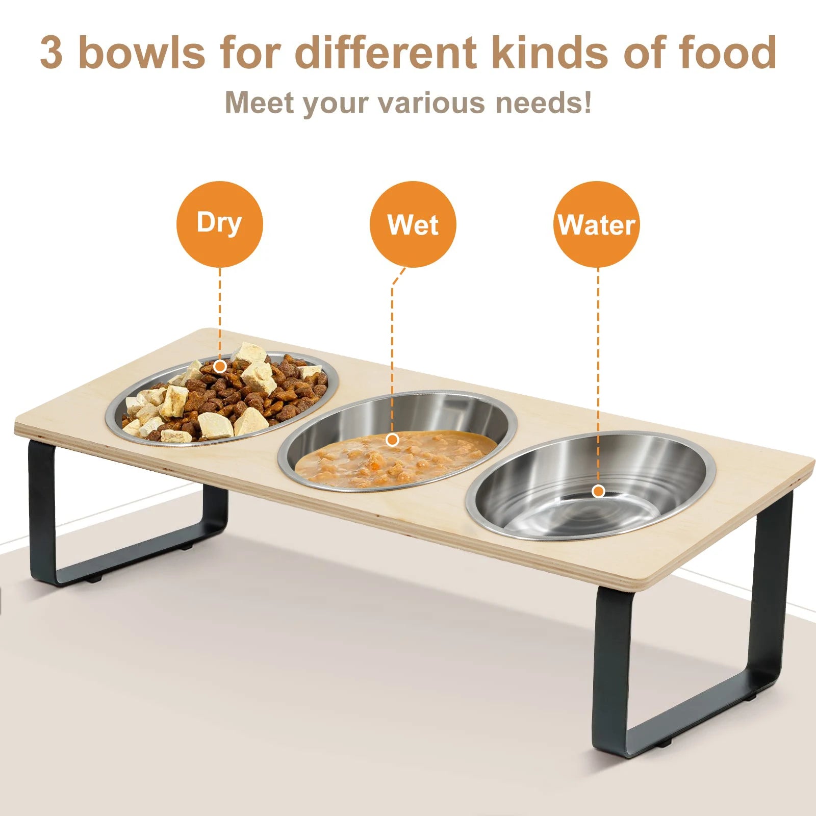 Pet feeding station with three bowls labeled for dry, wet, and water food on a light background.