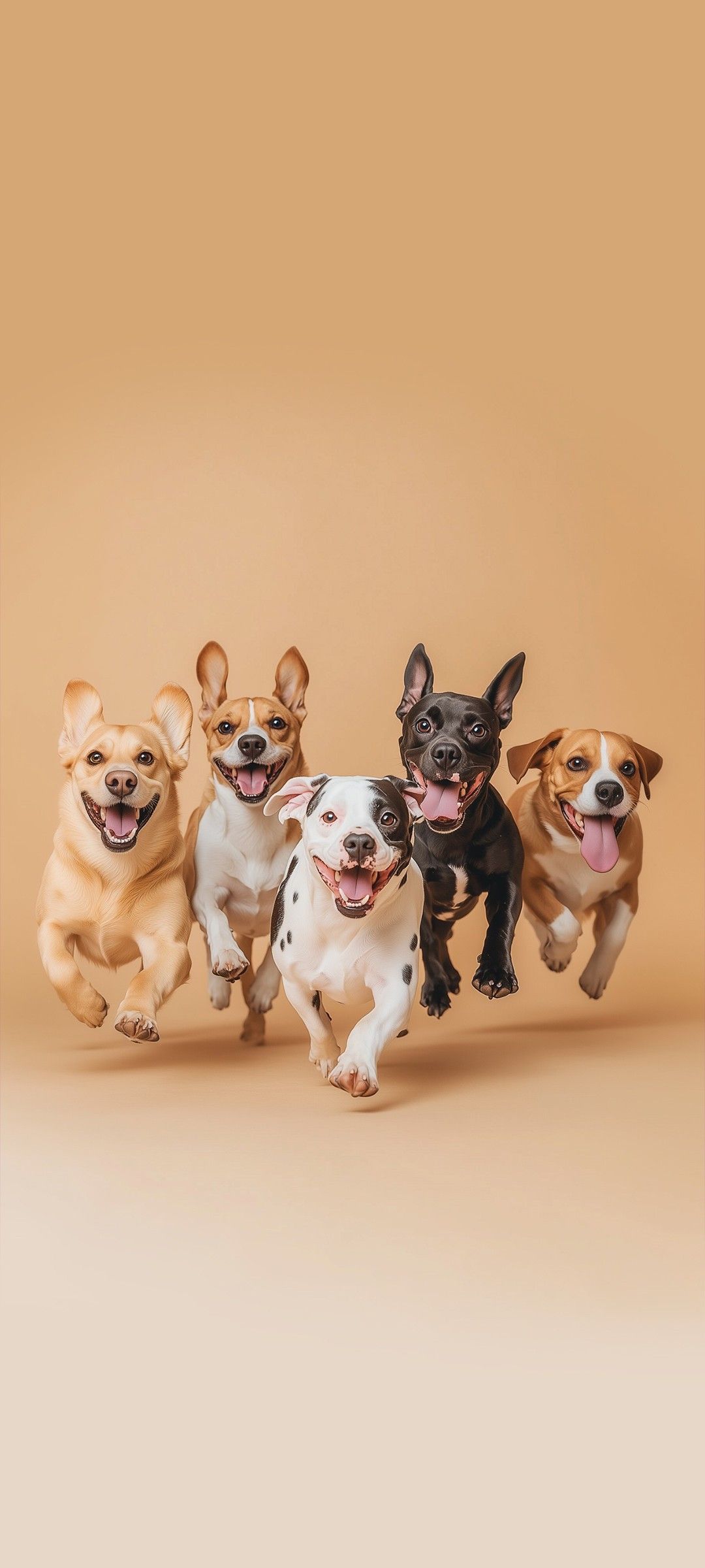 Five dogs of different breeds running on a beige background